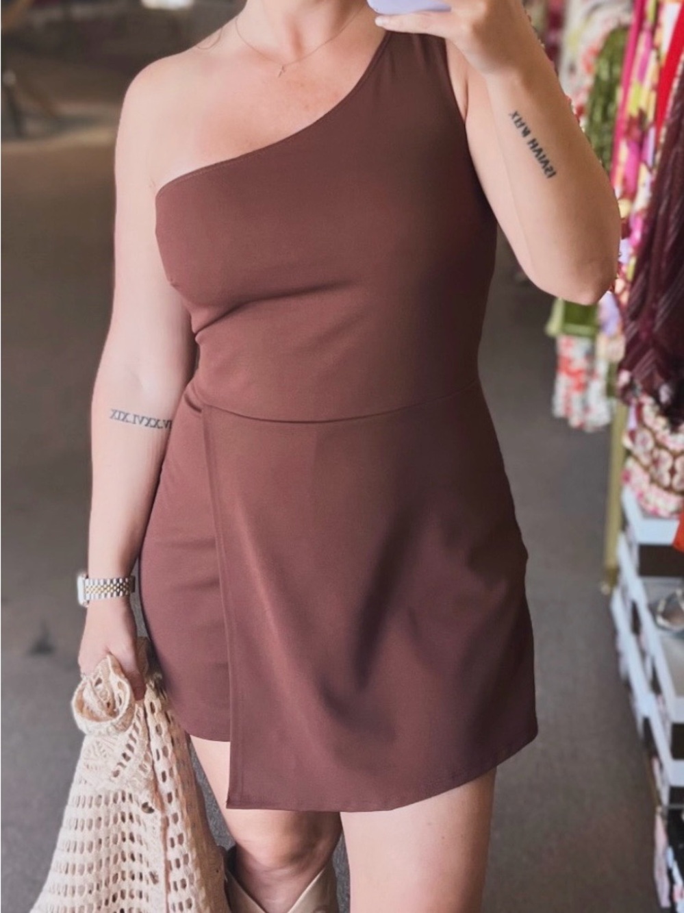 Timing One-Shoulder Romper in Chocolate Brown